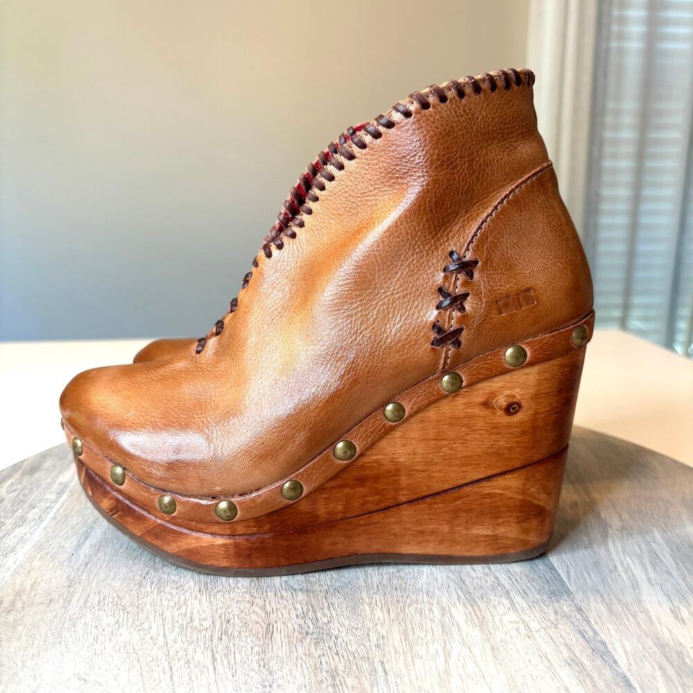 Bed Stu Women's Marina Tan Teak Rustic Leather Wood Wedge Boot Bootie US Size 7